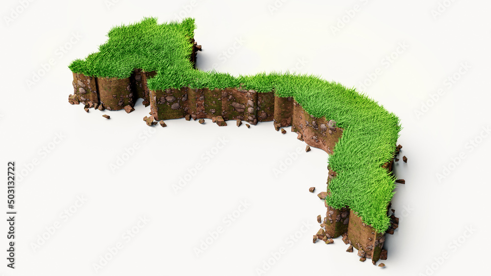 Sticker 3d rendering of a detailed vietnam map with green grass and soil mud on a white background