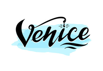 Venice, vector hand lettering includes black letters with design element flashlight o the blue background. It is for traveling business calendar  travel brochure card map notebook. Spun sugar color