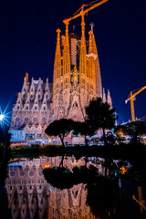 Exterior night view from La Sagrada Familia Basilica in Barcelona, Spain