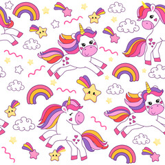 Fototapeta na wymiar colorful seamless patterns with unicorns in cartoon style for kids. vector illustration