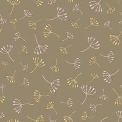 Seamless background with natural elements, flower seeds, on brown. Painted in watercolor.