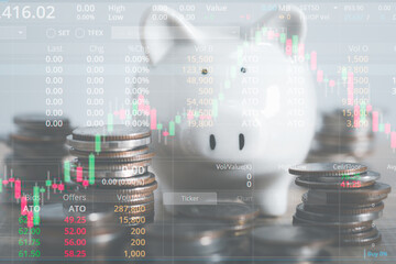 Financial investment concept, Double exposure of stack of coins and trade graph finance investor, Forex market candlestick chart, Cryptocurrency Digital economy. investing growing.economy trends