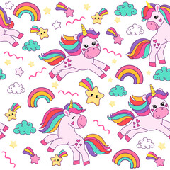 Fototapeta na wymiar colorful seamless patterns with unicorns in cartoon style for kids. vector illustration
