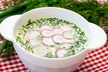 Okroshka in a white bowl on the table on a background of fresh greens. Russian cuisine, summer cold soup of meat, potatoes, radishes and herbs, diluted with kvass and sour cream. Close-up, soft focus.