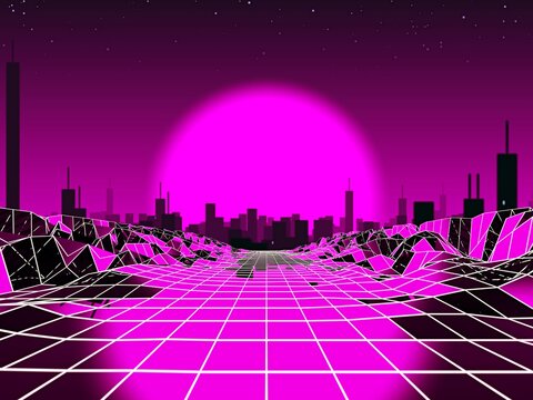 Vaporwave Sythwave Metaverse City In Night 