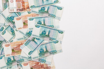 Russian money face value of one and five thousand rubles. Close-up of Russian rubles background