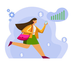 a girl in a skirt runs with a phone against the background of graphs and dollar icons