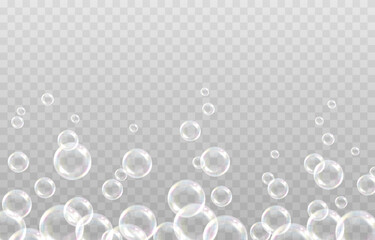 Vector soap bubble. Realistic soap bubble png, glare. Foam bubbles png. Powder, soap, detergent. Vector image.