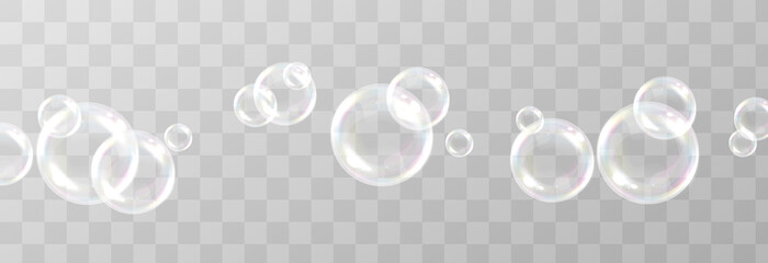 Vector soap bubble. Realistic soap bubble png, glare. Foam bubbles png. Powder, soap, detergent. Vector image.