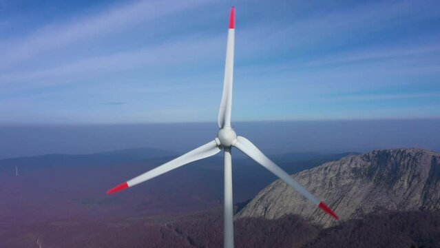 Green energy wind turbines in the mountains of Turkey. Taken from a drone