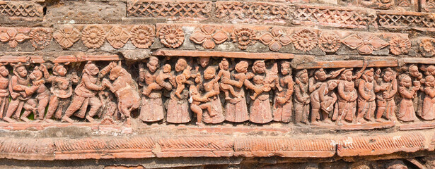 Terracotta art works on the temple walls of Lalji temple of Kalna, West Bengal, India - It is one of oldest temples of lord Krishna (a Hindu Gd) .