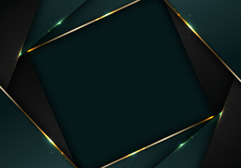 Banner web elegant 3D abstract green and black stripes shapes with lighting shiny golden diagonal lines on dark background