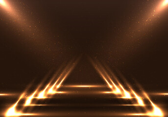 Empty fashion runway stage brown scene background with walkway spotlights and dust particles