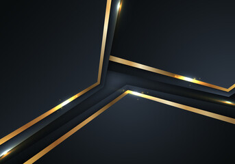 Luxury style template abstract 3D blue geometric shapes and golden stripes line with shiny lighting effect on dark blue background