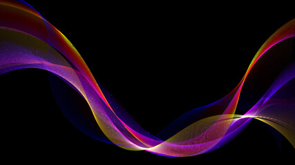 Abstract vibrant color neon wave lines with particles glowing dots on black background