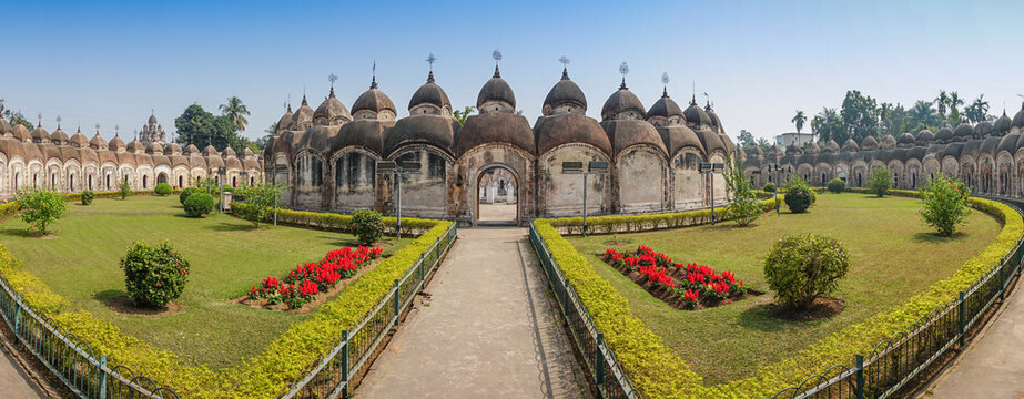 Panoramic image of 108 Shiva Temples of Kalna, Burdwan , West Bengal. A total of 108 temples of Lord Shiva (a Hindu God), are arranged in two concentric circles - an architectural wonder,