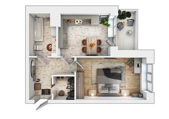 Plan one-room apartment. Housing plan i perspective.