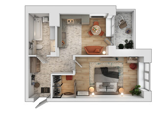 Plan one-room apartment. Housing plan i perspective.