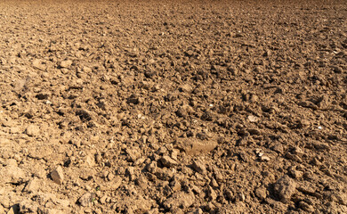 Plowed land with large clods, dry plowed soil. Ideal texture fo background