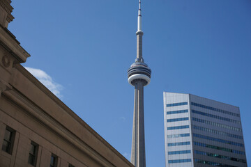 Closeup shot of the CN Tower on a sunny day in Toronto, Canada