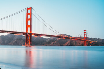 Beautiful scene of the Golden Gate Bridge in San Francisco, California with blue horizon sky