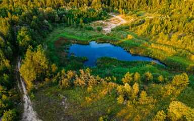Aerial view of a small lake in the middle of the forest and near a forest road