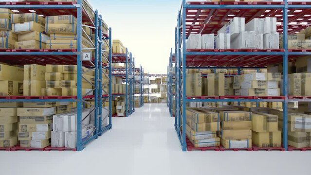 Panning Shot Of Warehouse With Cardboard Boxes Inside On Pallets Racks, Logistic Center. Loop-able Seamless 4K 3D Animation