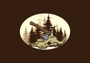 an ax stuck in a buffalo skull illustration