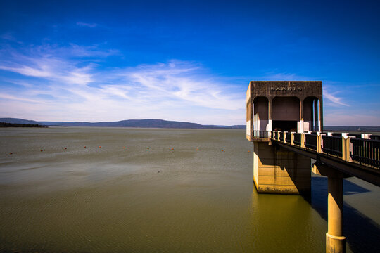 Closeup Of A Sardis Lake Dam With Cloudy Sky In The Background, Oklahoma, United States