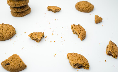 Chocolate chip cookies crack on isolated white background