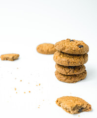 Chocolate chip cookies crack on isolated white background