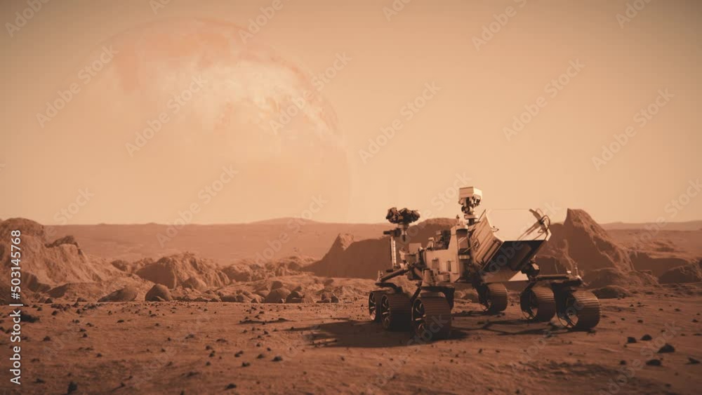 Wall mural footage of nasa's mars rover traveling across the surface of mars towards saturn