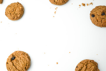 Chocolate chip cookies crack on isolated white background