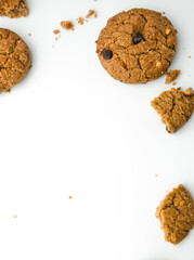 Chocolate chip cookies crack on isolated white background
