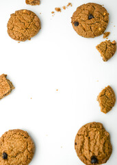 Chocolate chip cookies crack on isolated white background