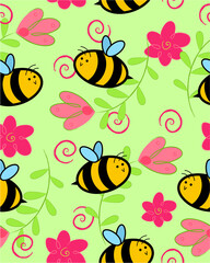 Pattern with bee and cute flowers