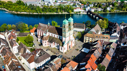Aerial view of Bad Sackingen rural town with the church of St. Fridolin