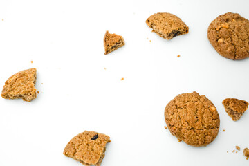 Chocolate chip cookies crack on isolated white background