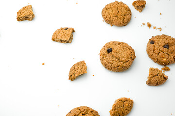 Chocolate chip cookies crack on isolated white background