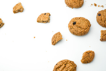 Chocolate chip cookies crack on isolated white background