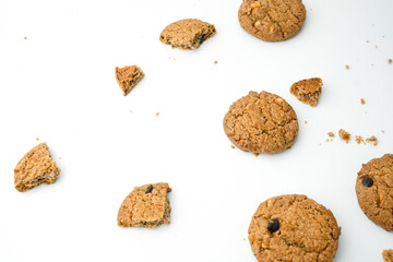 Chocolate chip cookies crack on isolated white background