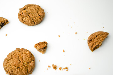 Chocolate chip cookies crack on isolated white background