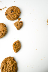 Chocolate chip cookies crack on isolated white background