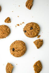 Chocolate chip cookies crack on isolated white background