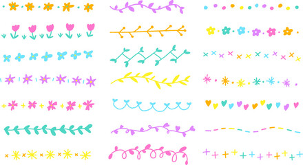 Set of Hand Drawing Drawn Flower Botanic Abstract Doodle Line Laurel Borders Frames Dividers Wreath Collection Flat Style Rainbow Bright Colorful White Background Vector Illustration Pack Element