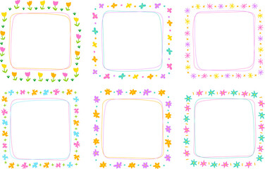 Cute Abstract Daisy Flower Square Doodle Free Hand Drawing Drawn Line Borders Frames Wreath Plate Set Collection Flat Style Rainbow Colorful Background Vector Illustration Pack