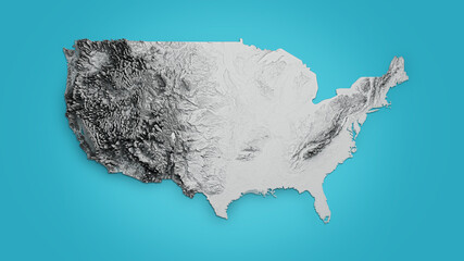 3d rendering of the relief map of the USA isolated on blue background