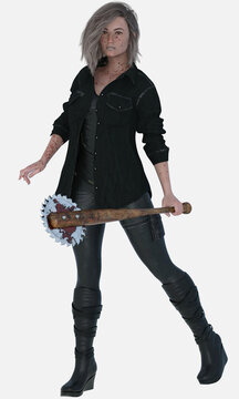 Full length image of Nola a young beautiful brunette woman traveler in a dystopian post-apocalyptic world standing with a baseball bat ready to fight. Nola is a 3D illustration character model render