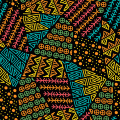 Mayan patchwork seamless pattern. Tribal geometric vector swatch. Zigzag background for cover design. Retro chevron line vector print. Navajo ornamental texture. Bright multicolor background