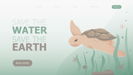 World ocean day. Earth day. Save the water. Turtle template for website, landing page. Flat vector illustration. Take care for nature and cleaning nature from garbage poster concept